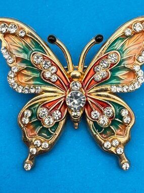 Butterfly Rhinestone Enamel Brooch Pin Gold Tone Multicolor Insect Jewelry